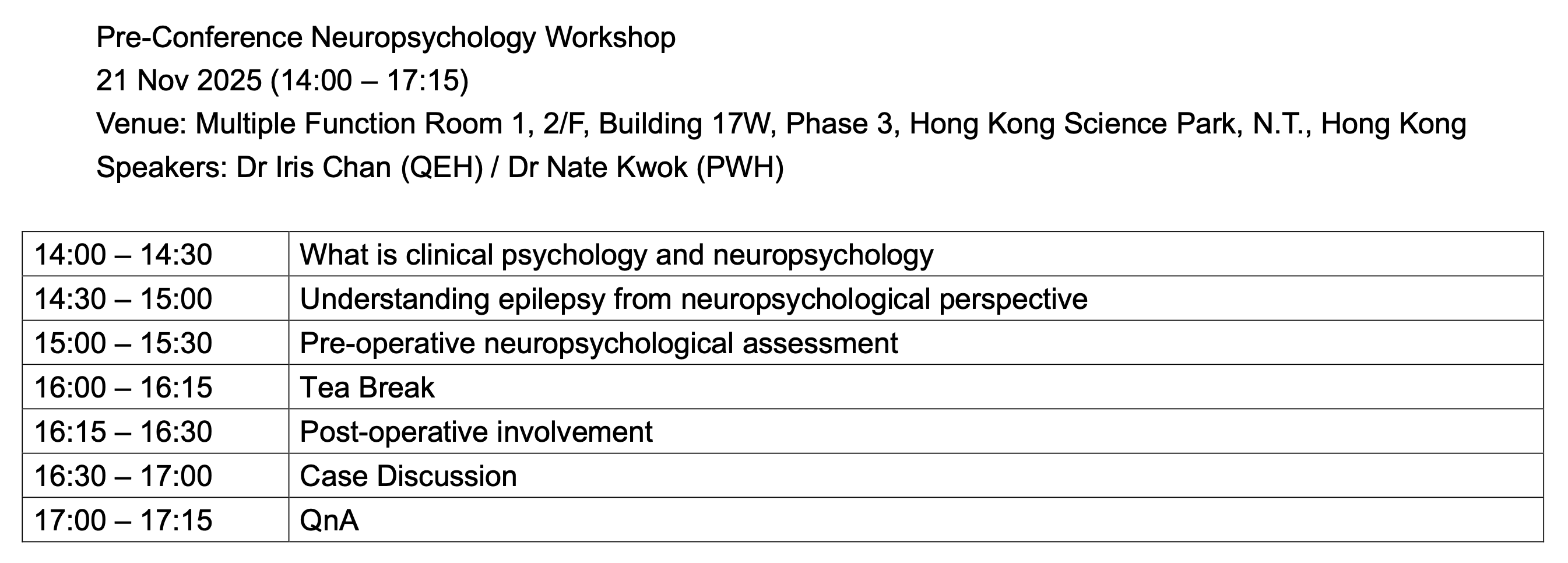 Pre-Conference Neuropsychology Workshop